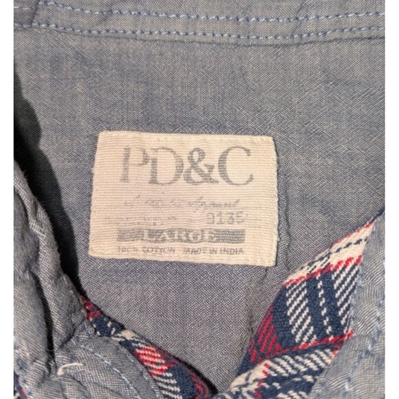 PD&C Button Down L Men's White Plaid Long Sleeve Flannel Cotton Classic - Picture 6 of 7